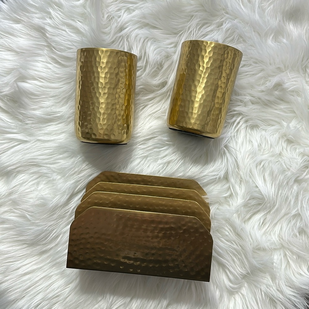 Gold Hammered Metal Pen Holder and Organizer Set